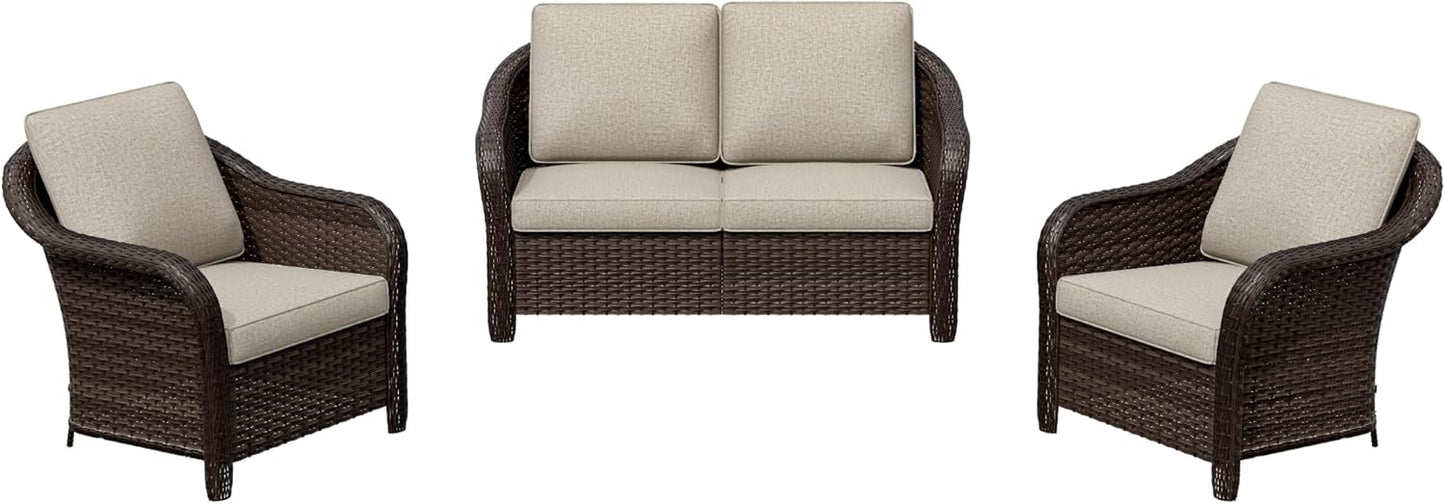 3 Pieces Outdoor Patio Conversation Set, 55" Couch, 2 Chairs, Rattan Wicker Conversation Furniture with Removable Cushions for Bistro, Deck (Beige)