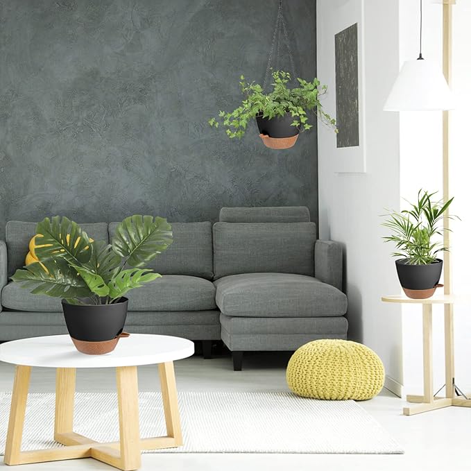 Hanging Planters for Indoor Outdoor Plants, 2 Pack Self Watering Hanging Pot with Drainage Holes & Removable Tray (Black, 10'')