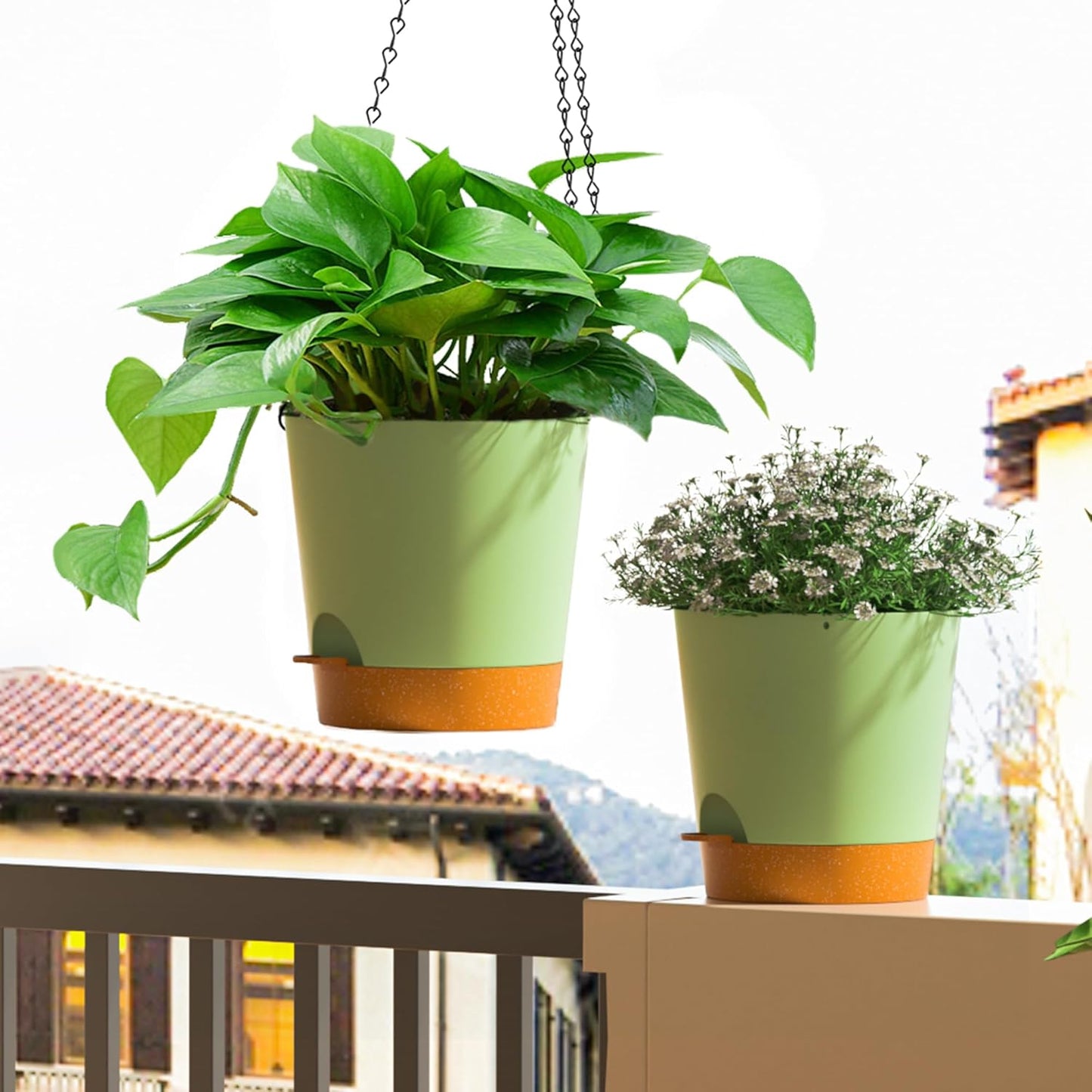 Hanging Planters for Indoor Outdoor Plants, 2 Pack Self Watering Hanging Pot with Drainage Holes and Plant Hangers, Hanging Baskets Flower Pots for Home Garden Decor (Green, 8 inch)