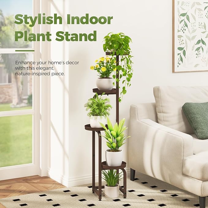 Bamworld Tall Plant Stand Indoor Outdoor, Corner Metal Flower Pot Stands for Multiple Plants, 4 Tier Brown Heavy Duty Plant Shelf for Patio Garden Balcony Living Room Bedroom