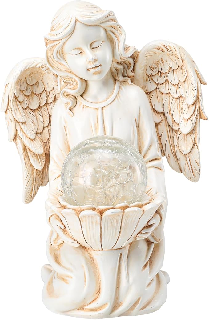 Angel Statues for Garden - Guardian Ange with Light - 8.3" Waterproof Outdoor Angel Memorial Scupture, Solar Angels Figurines Holding Glass Balls for for Patio, Yard, or Cemetery