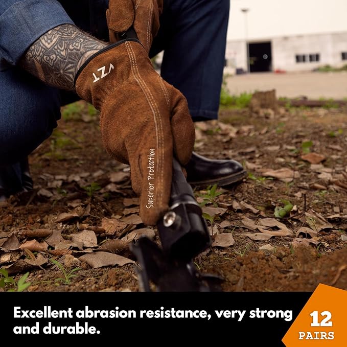 12 Pairs Bulk Leather Work Gloves for Men or Women for Gardening, Construction, Truck, Driving, Farm, Ranch, Woodworker, Soft, Cowhide Thickened, Water Resistant, Brown, Large