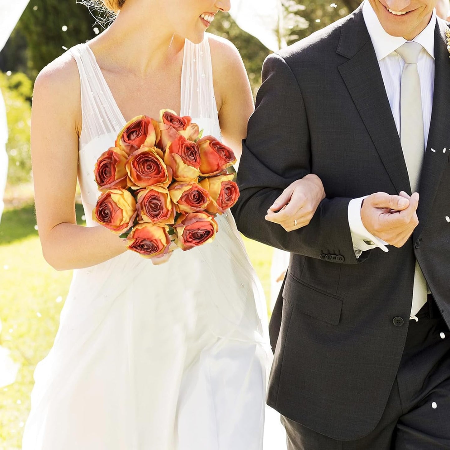 12pcs Orange Roses Artificial Flowers Vintage Burnt Edge Rose 20" Realistic Silk Roses Bouquet with Long Stem for Wedding Party Floral Centerpieces Decoration (Orange)