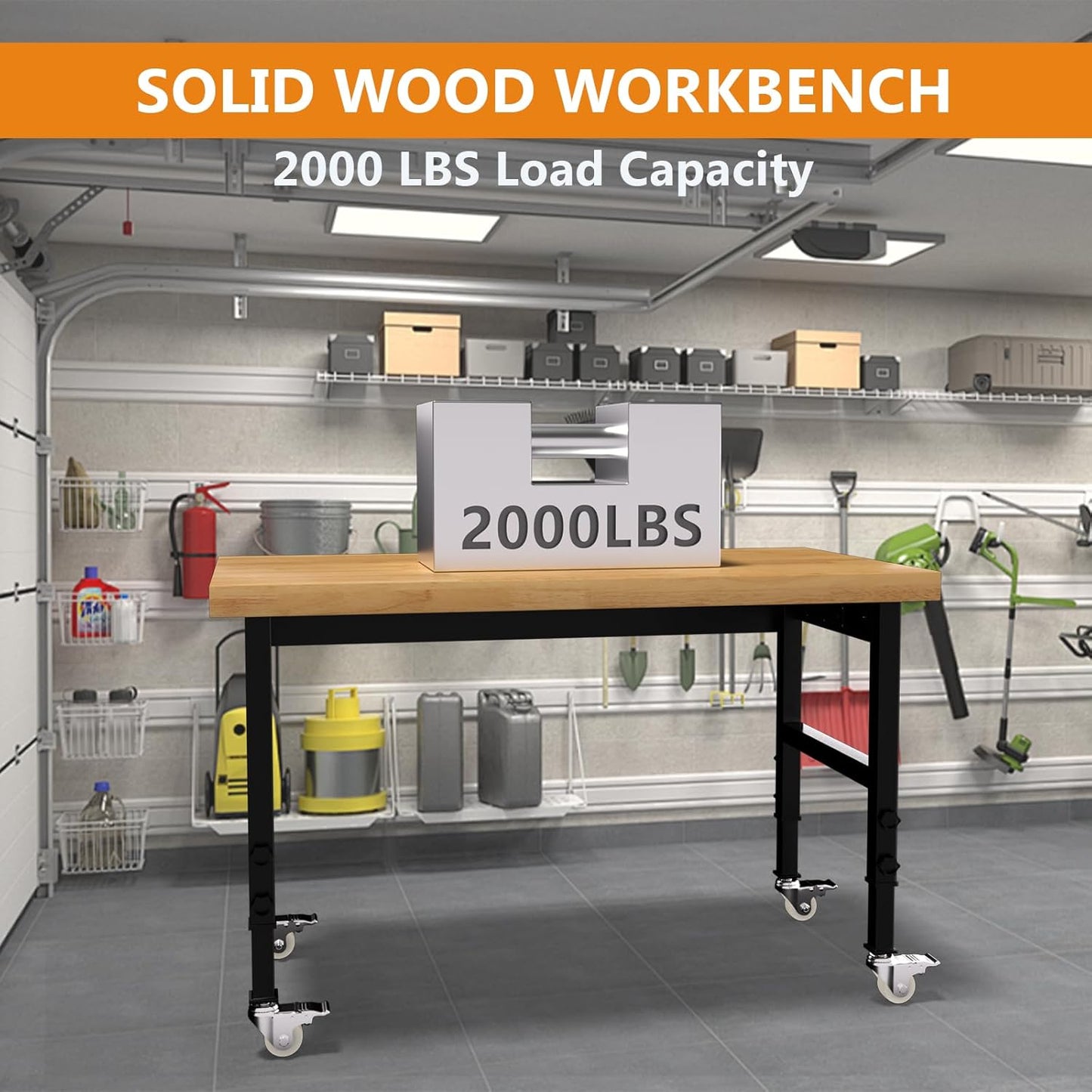 48" Work Bench, Adjustable Height Work Table with Power Outlets and Wheels, 2000 Lbs Capacity Heavy-Duty Hardwood Top Workstation for Garage, Workshop, Office, Home