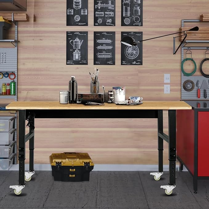 60" Adjustable Work Bench, Rubber Wood Top Workbench Heavy-Duty Work Table with Power Outlet with Wheels, 2000 LBS Load Capacity Hardwood Work Benches for Garage, Workshop, Home, Office, Easy Assembly