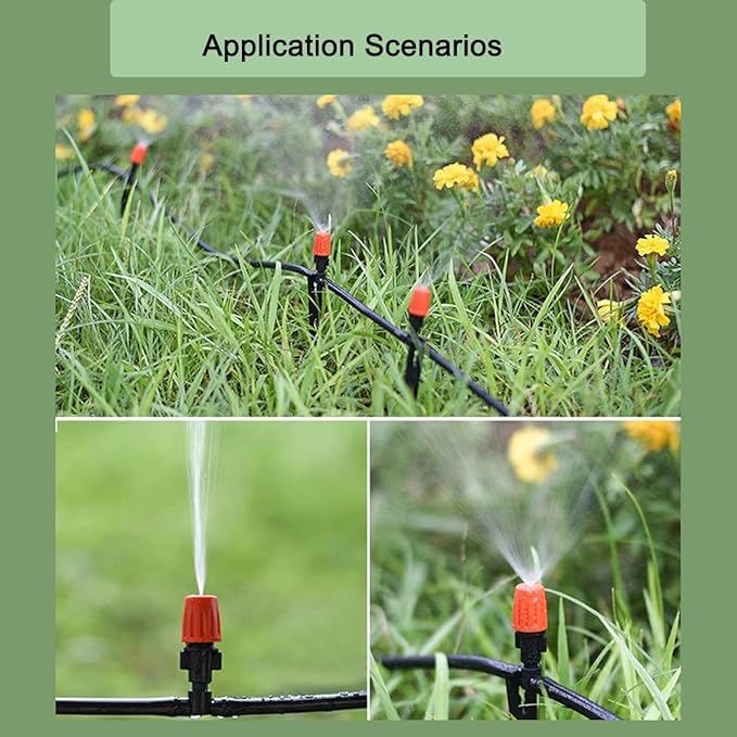 80PCS 1/4" Inch Adjustable Irrigation Microspray Emitter Three Way Atomizing Nozzle with Tee Connector Drip Irrigation Accessory for Garden Lawn Flower Bed Irrigation System Watering