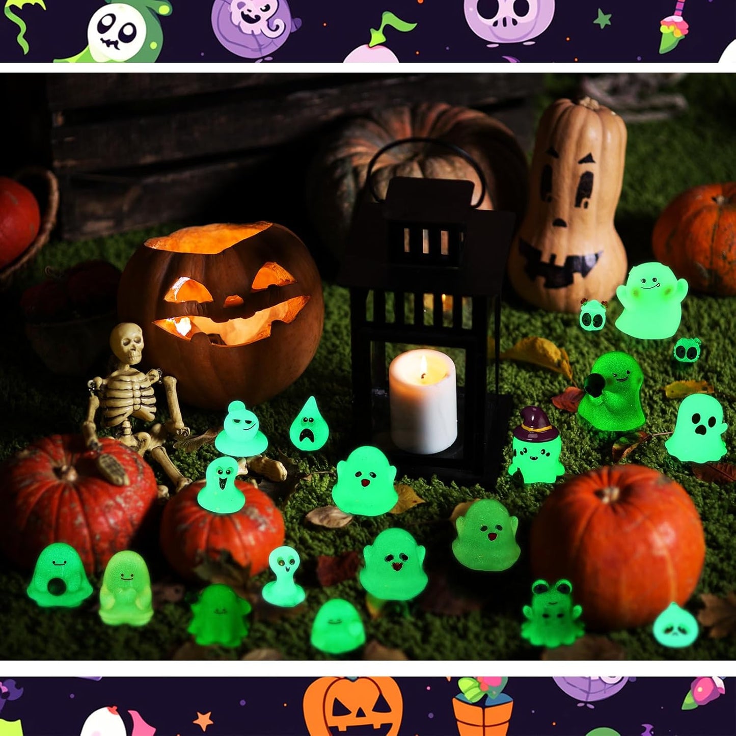 58 Pcs Halloween Luminous Mini Figures Glow in Dark Tiny Resin Figures Set Fairy House Diorama Accessories Halloween Pumpkin Ghost Skull Ornament for Garden Dollhouse Craft DIY (Wizard)
