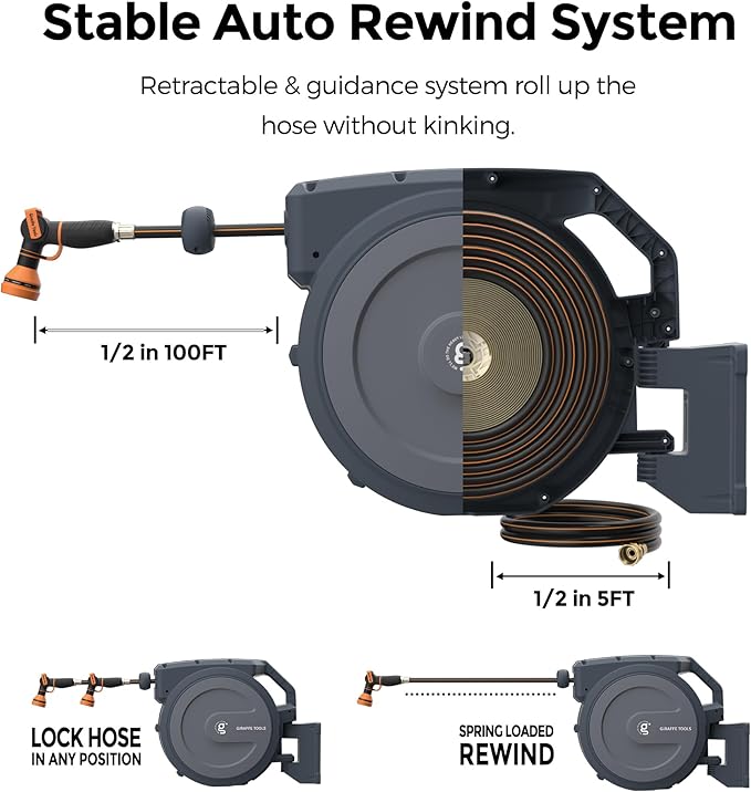 Giraffe Tools AW30 1/2MB Retractable Garden Hose Reel 1/2" x 100 ft PRO Metal Bracket, Heavy Duty, Any Length Lock Hose Reel, 100 ft, Dark Grey