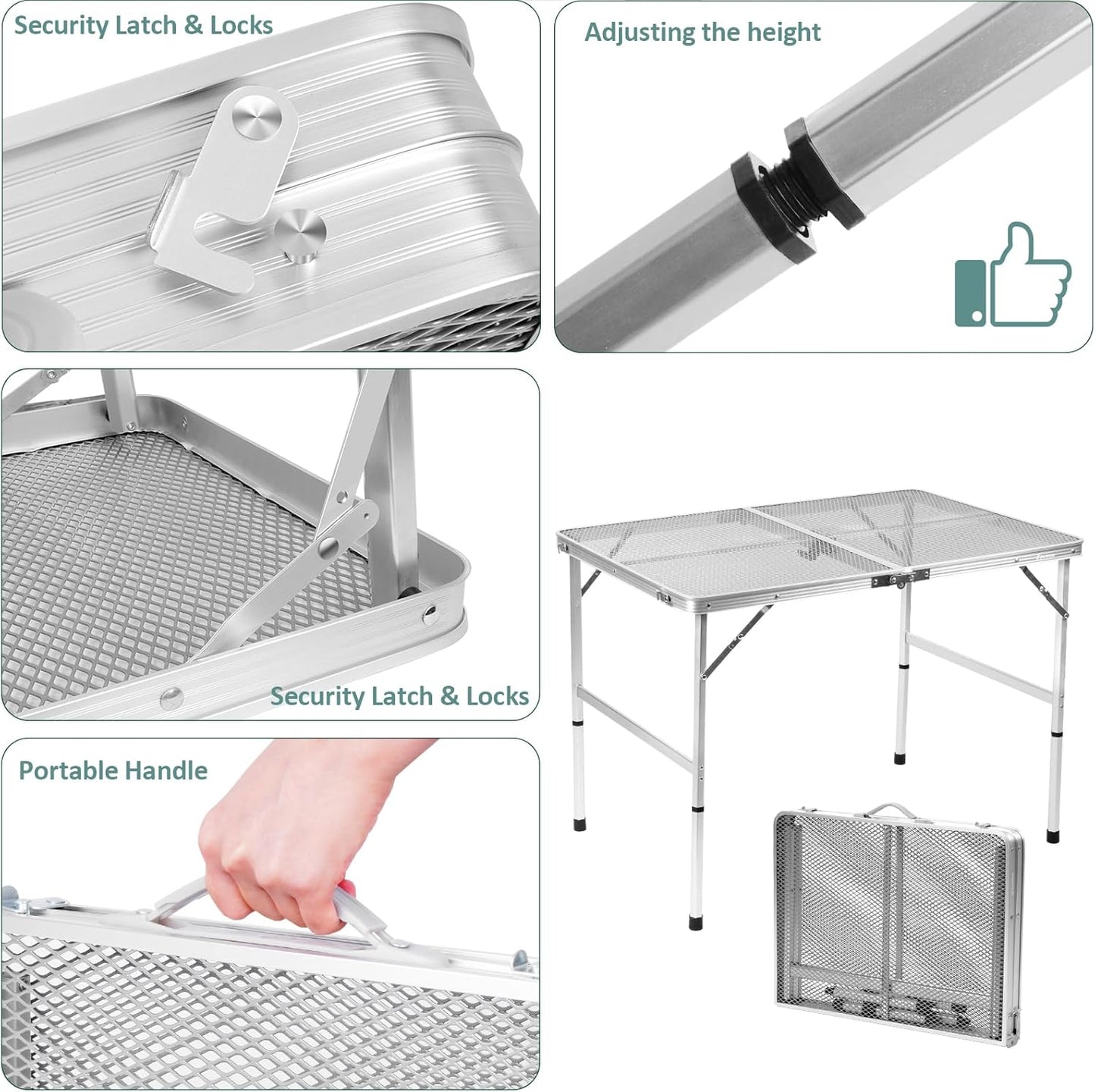 Folding Table, Easy for Storage, Compact and Portable Picnic Table for Grill, Outdoor Camping, Garden, Patio, Dining, BBQ, Party, Market, 3Ft (Medium, Silver)