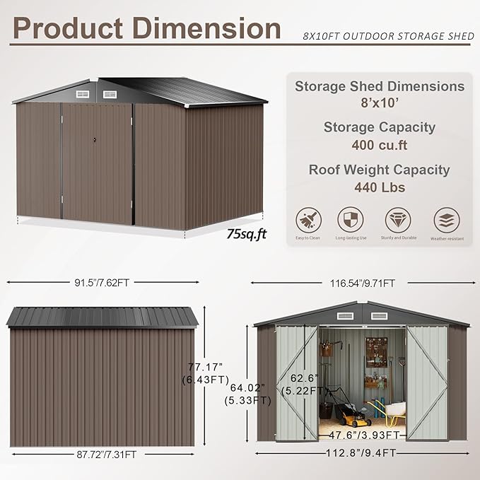 Aoxun 9.4x7.3x6.5 FT Outdoor Storage Shed, Garbage Can, Outdoor Metal Shed for Tool, Garden, Bike, Placed in Patio, Garden Brown Base Included
