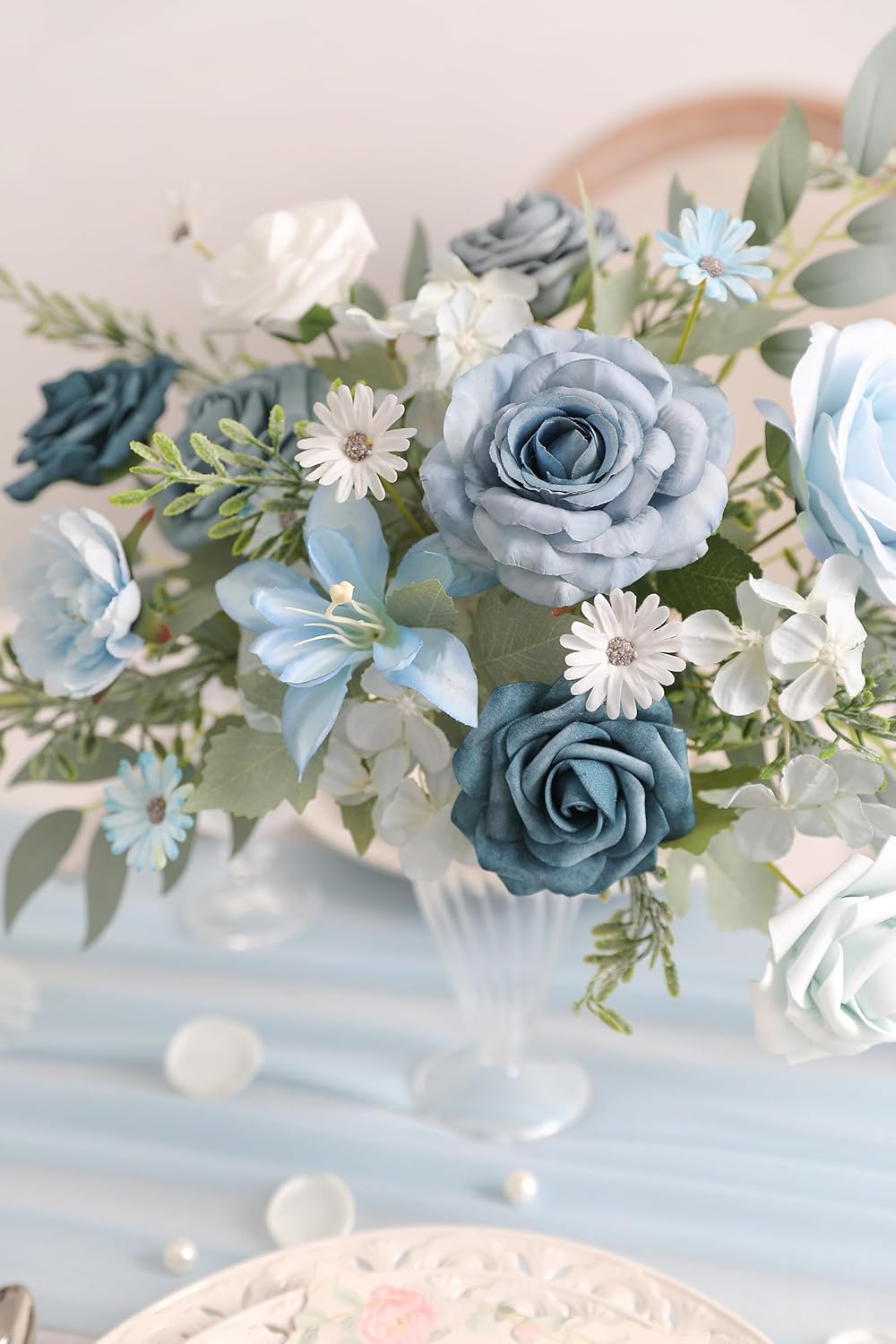 Blue Artificial Flowers Silk Fake Roses Peonies Greenery Combo Box Set for DIY Wedding Bouquets Bridal Shower Centerpieces Floral Arrangements Party Tables Home Decoration