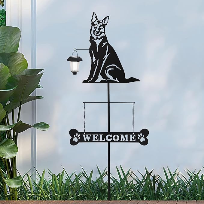 BAYN Solar German Shepherd Silhouette Dog Breed Welcome Sign with a Lantern Outdoor Decorative Garden Stakes for Yard, Lawn, Patio, Pathway