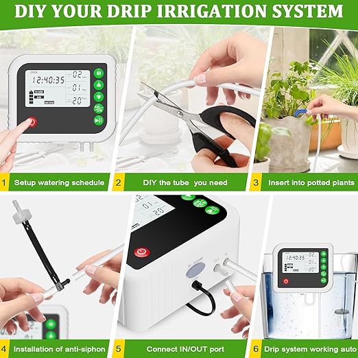 Automatic Plant Water Indoor, 15 Potted Plants Self Watering System, Automatic Drip Irrigation Kit Plant Watering Devices Programmable Water Timer, LED Display and Power Supply