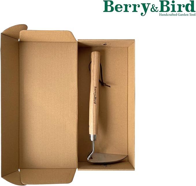 Berry&Bird Japanese Weeder-Scraper-Hoe, 12.67-Inch Gardening Sickle Hoe, Stainless Steel Bent Angle Weeding Sickle, Weeder Hoe with Ergonomic Ash Wood Handle for Weeding, Soil loosening, Digging