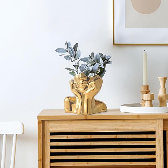 Gold Ceramic Human Face Decorative Vase - Shy Posture Modern Art Desktop Display for Bookshelf, Living Room, Office, Bedroom