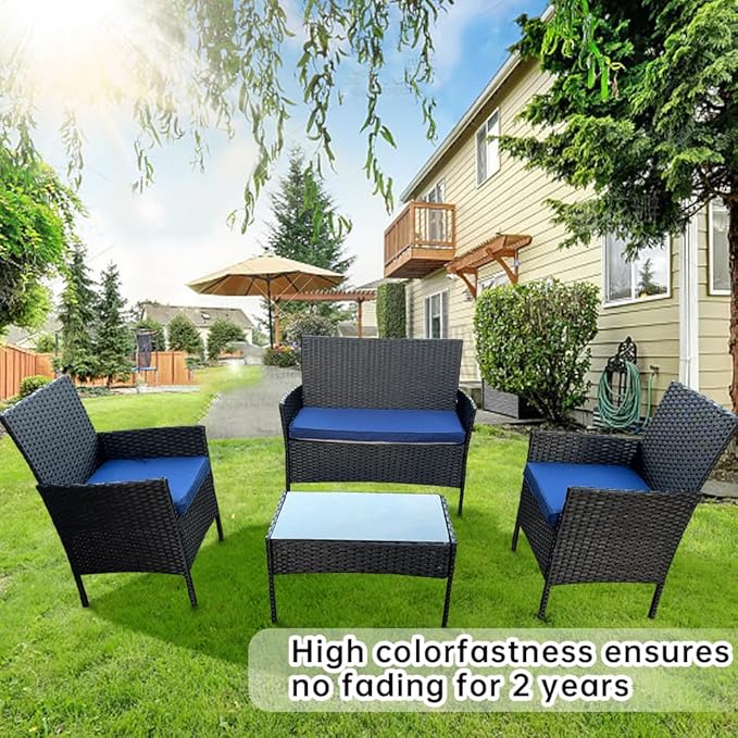 3-Pack Outdoor Patio Furniture Replacement Cushions Set–High-Elastic Sponge Cushions Fit 4-Piece Wicker Rattan Sofa, Loveseat & Chairs, 36x18x2 & 18x18x2, Waterproof, Fade-Resistant (Navy blue)