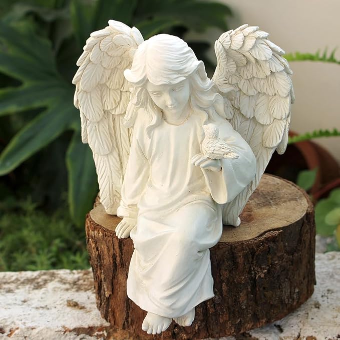 Angel Garden Statue, Sitting Angel Sculpture, Resin Angel with Bird Figurine for Patio Yard Porch Lawn Outdoor Decor Home Shelf Sitter Memorial Spiritual Gifts