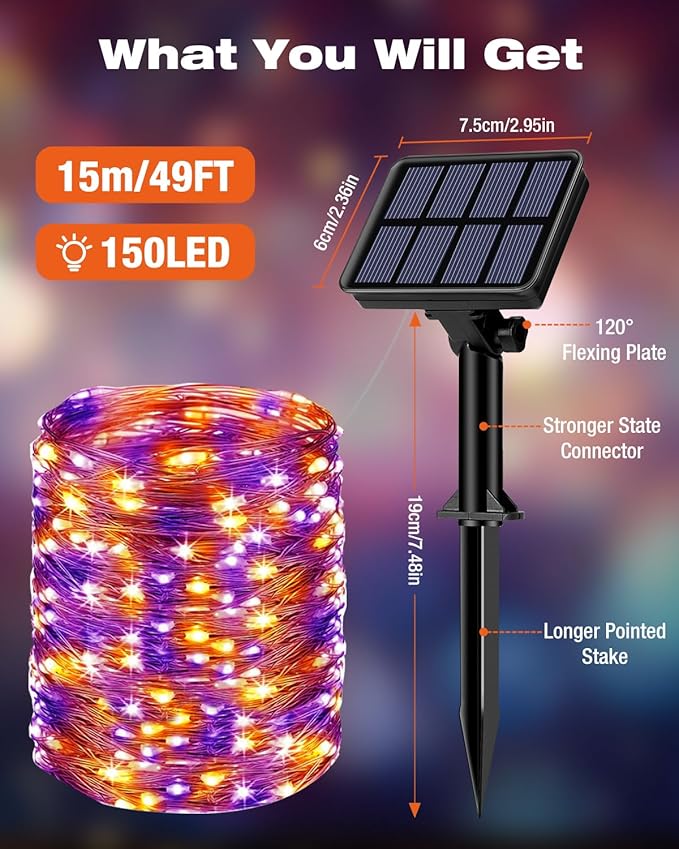 6 Pack Solar Fairy Lights for Outside Waterproof, 49FT/15M 150LED Solar String Lights Outdoor 8 Modes Solar Twinkle Lights for Garden Yard Halloween Decor, Orange-Purple