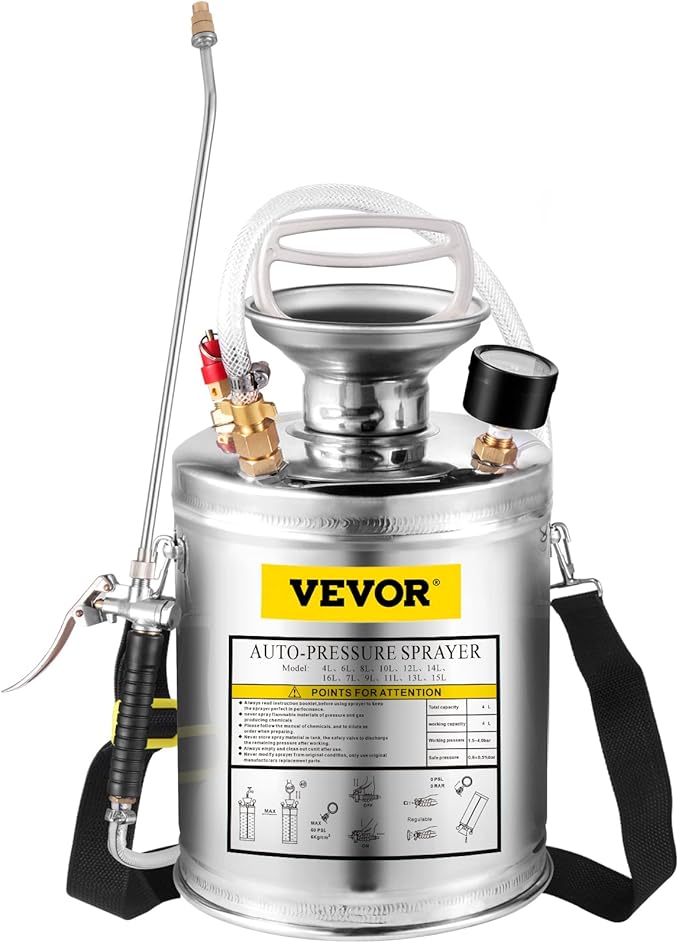 Happybuy 1 Gallon Stainless Steel Pump Sprayer, 12" Wand & 3FT Reinforced Hose, Pressure Gauge, Safety Valve & Adjustable Nozzle, Garden Weed Sprayer for Lawn, Gardening, Sanitizing