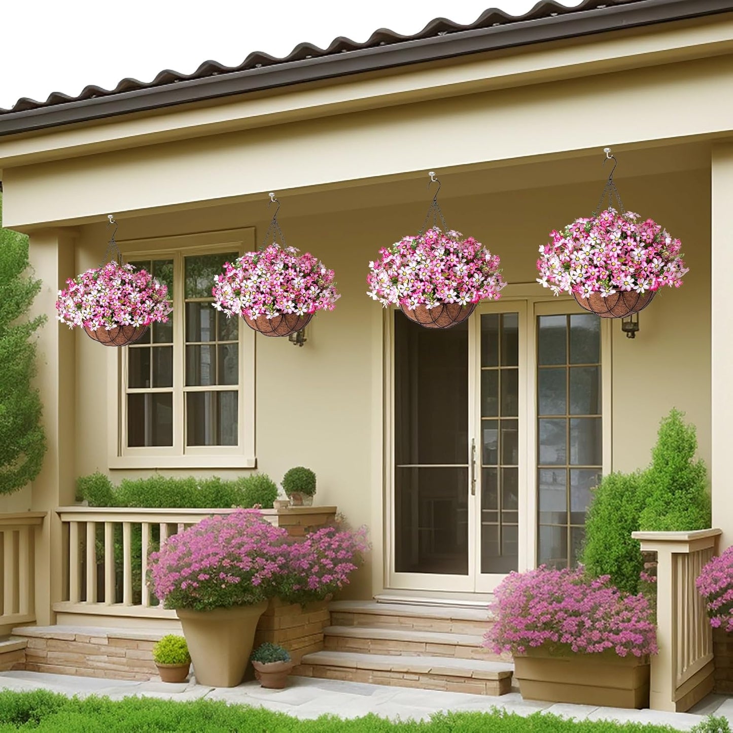 Artificial Silk Flowers Hanging Baskets Outdoors Indoors,Chrysanthemum with Eucalyptus Leaves Arrangement for Garden Yard Spring Summer Decor,Faux Plant in Metal Coconut Lining Flowerpot(Pink)