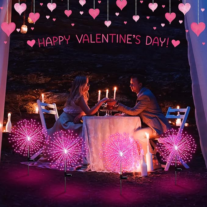 6 Pack Pink Solar Firework Lights 180 LED 8 Lighting Modes Waterproof Outdoor Decorative Solar Lights for Easter Wedding Birthday Garden Patio Yard Pathway Walkway Lawn Decor