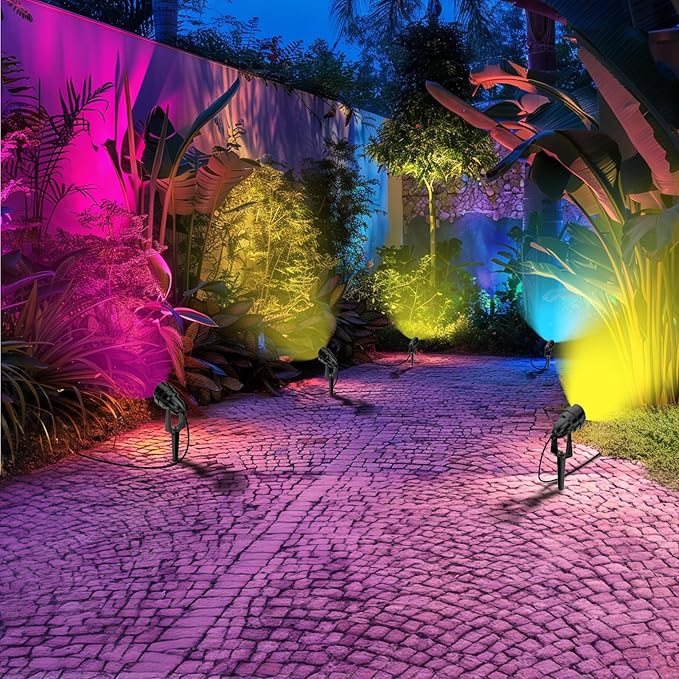 1500LM LED High Brightness Outdoor Landscape Lighting 15W RGBCW Color Changing Landscape Lights Remote Control Spot-Lights with Plug in IP66 Waterproof Flood Light for Garden - 4 Pack