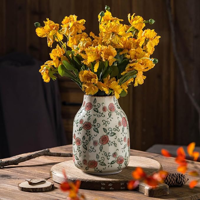 Green and Beige Vintage Round Vase, Red Rose Chinoiserie Floral Vase, Farmhouse Antique Decorative Ceramic Flower Vases for Bouquet, Home Decor, Living Room, Bookshelf, Office, Tuscan Decor 7.8 Inch