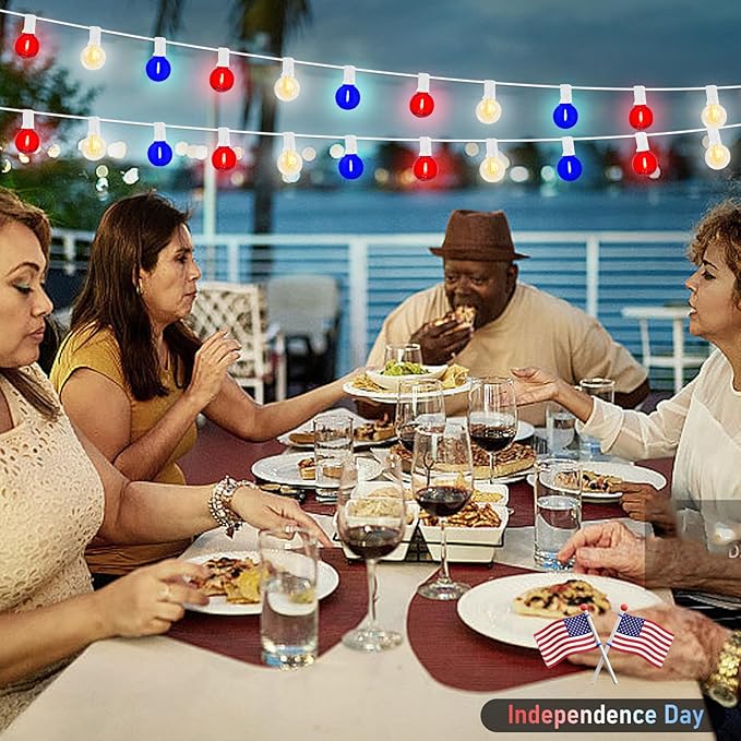 25Ft Independence Day LED String Lights, Waterproof Patio Light with 25 G40 LED Clear/Red/Blue Bulbs, Connectable Hanging Independence Day String Lights for Indoor Outdoor Garden Backyard Porch