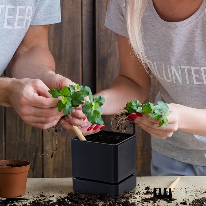 4 Inch Herb Planter Pot, Plastic Planter with Drainage Holes and Saucer, Modern Decorative Gardening Pot for Indoor Plants, Flowers, Herbs, Succulents, Black, Set of 4, 76-Y-B-4