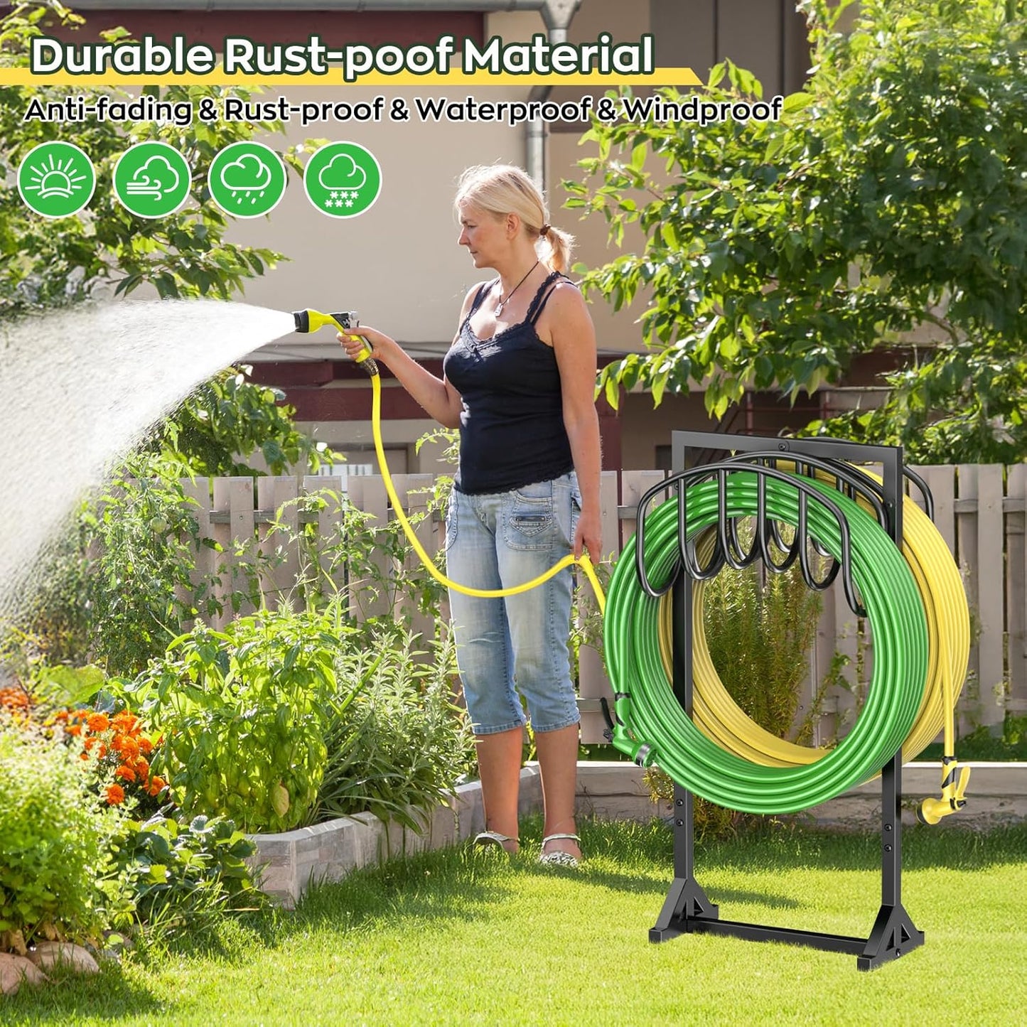 Garden Water Hose Holder Holds 2 * 150Ft Hoses, Heavy-Duty Metal Freestanding Hose Holder with 4 Spikes, Rustproof Garden Hose Reels Hose Hanger Storage for Outside, Yard, Lawn, Farm, Black