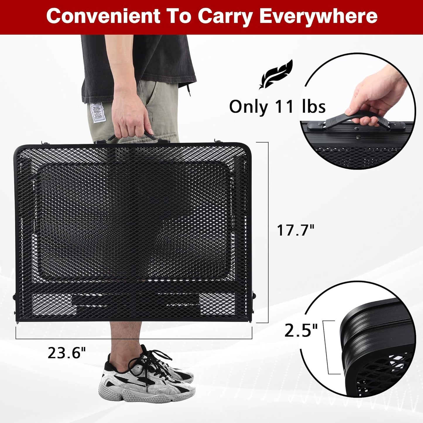 Folding Grill Table, 3x2 FT Portable Camping Table with 2 Wing Panels, Height Adjustable Metal Tables with Mesh Desktop and Mesh Bag, Outdoor Furniture for Camping, Picnic, Beach and BBQ, Black