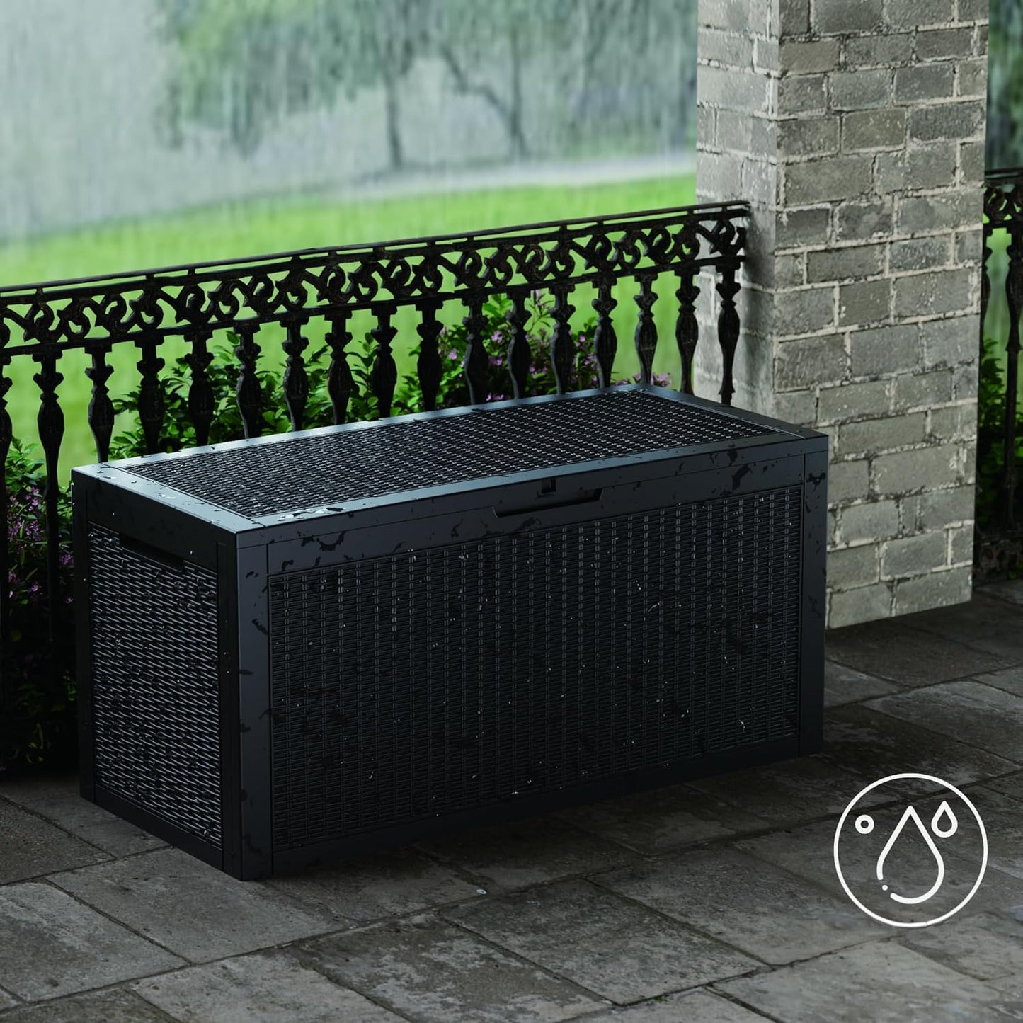 100GAL Black Wicker - Textured Outdoor Deck Box with Lockable – Waterproof, SGS - Verified UV Resistance, Stylish Storage for Patio Furniture & Outdoor Toys, Quick Assembly