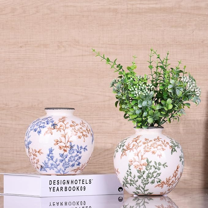 Green, White, and Brown Vintage Round vase, Chinese-Style Green Farmhouse Decorative vase, Suitable for Home Decor,Living Room, Dining Table, Office, Bookshelf, TV Cabinet, entryway Decor.