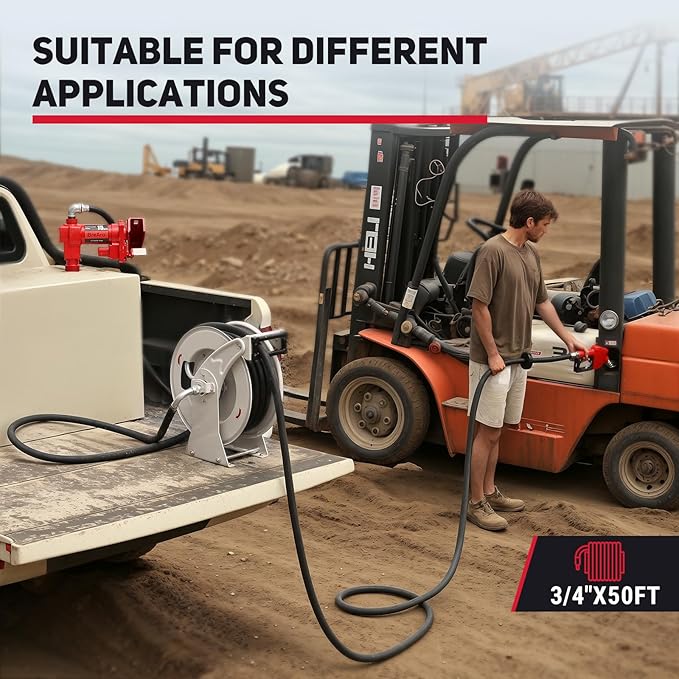 Fuel Hose Reel 3/4" x 50' Retractable with Fueling Nozzle Diesel Hose Reel 300 PSI Industrial Auto Swivel Heavy Duty Steel Construction for Farm Ship Vehicle Tank