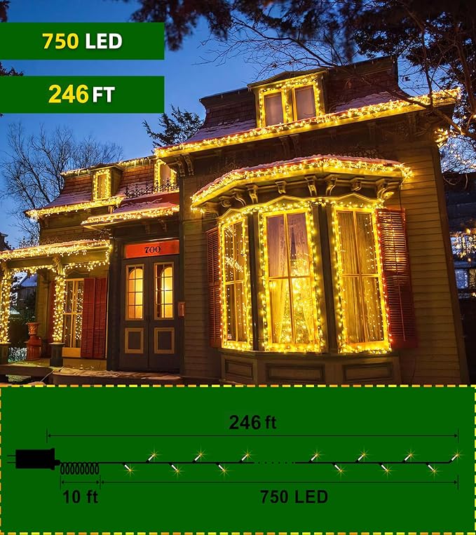 750 LED 246FT Christmas Lights Outdoor, Super Long Waterproof Christmas String Lights with 8 Modes, Christmas Tree Lights with Timer Memory for Fence Garden Xmas Wedding Party Decor Warm White