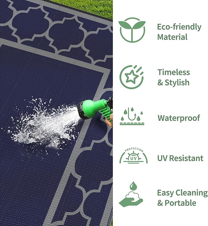 GENIMO Outdoor Rug 5' x 8' Patio Waterproof, Foldable Reversible Plastic Straw Area Rugs Mat for Camper Decor, Outside Carpet for Rv, Deck, Porch, Picnic, Beach, Balcony, Blue & Grey