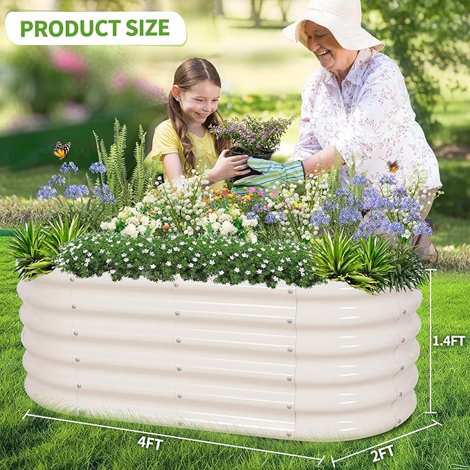 Galvanized Raised Garden Bed Outdoor- 2 Pcs Raised Beds for Gardening| Metal Planter Box, Steel Raised Garden Bed Kit with Gloves for Vegetables, Flower, Herbs (4x2x1.4FT, White)