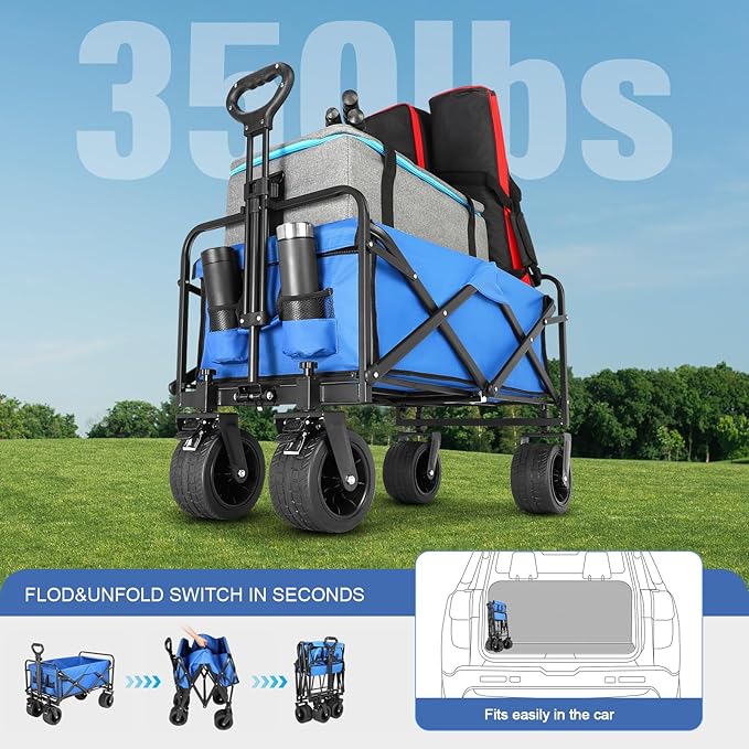 Beach Wagon with Big Wheels for Sand,Collapsible Folding All Terrain Utility Wagons Carts Foldable with Brakes for Sand Camping Sports Outdoor.
