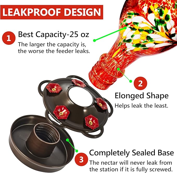 LUJII Hummingbird Feeder for Outdoors, Hand Blown Glass Humming Bird Feeder, Anti Fade Leakproof with 25 Ounces Nectar Capacity, Easy to Install Clean Refill, Include Hook & Ant Moat (Red)