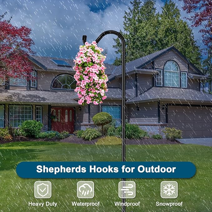 Gtongoko Shepherds Hook for Outdoor, 92 Inch Bird Feeder Pole with 7 Prongs Base, 3/4 Inch Thick Heavy Duty Adjustable Garden Hook for Hanging Plant, Hummingbird Feeder, Lantern, 1 Pack