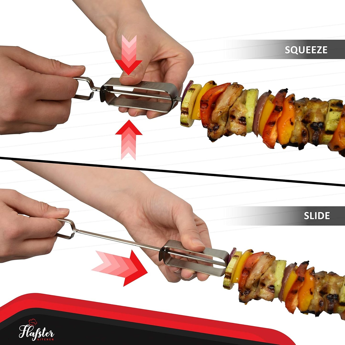 "FLAFSTER KITCHEN BBQ Skewers for Grilling - 16" Stainless Steel Flat Kebab Sticks with Push Bar, Reusable Metal Shish Kabob Skewers, Set of 6"