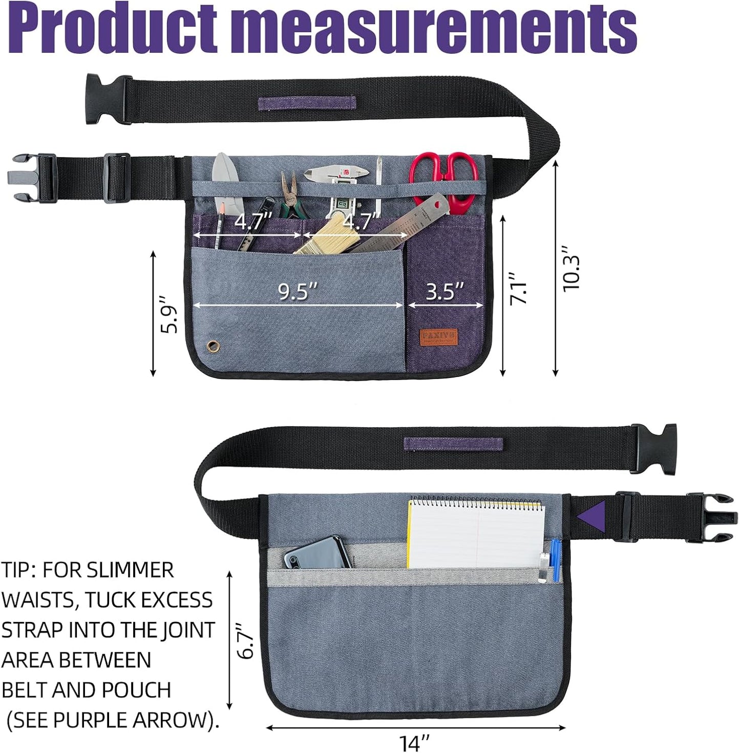 Garden Tool Belt for Men & Women, Denim Wide Adjustable 5-Pocket Waist Tool Apron - Heavy Duty Tool Pouch for Gardening, DIY, Carpenter, Woodworking, Painting, Seamstress, and Crafts (Purple)