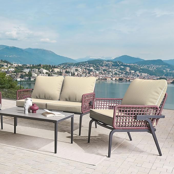 LVTXIII Outdoor Deep Seat Cushion Patio Seat and Back Cushion Set Seasonal Chair Cushion with Removable Cover and Adjustable Buckle for Home and Garden, 24"x24"x4", Strip Beige