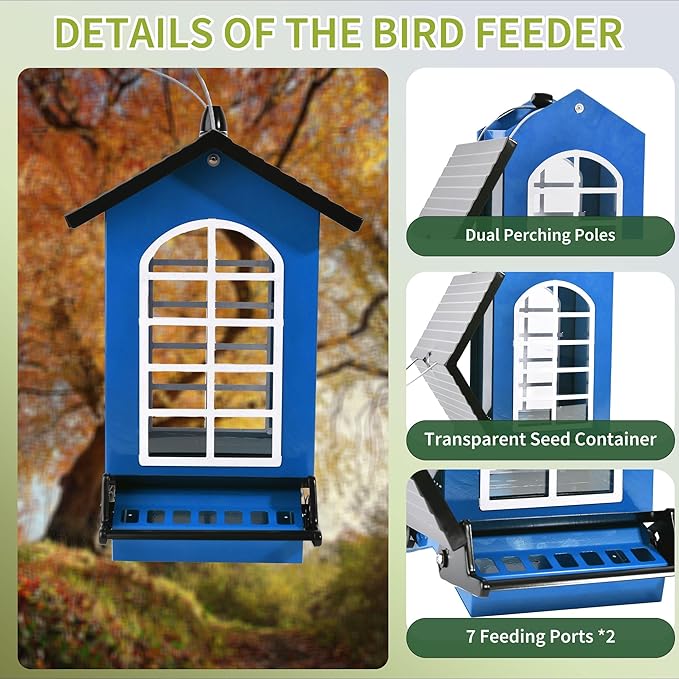 Bird Feeder Squirrel Proof Metal Hanging for Outdoor Wild Bird Seed, 5LBS with Bilateral Weight-Activated Perches, Heavy Duty Bird Feeders for Outside Wild Bird - Blue