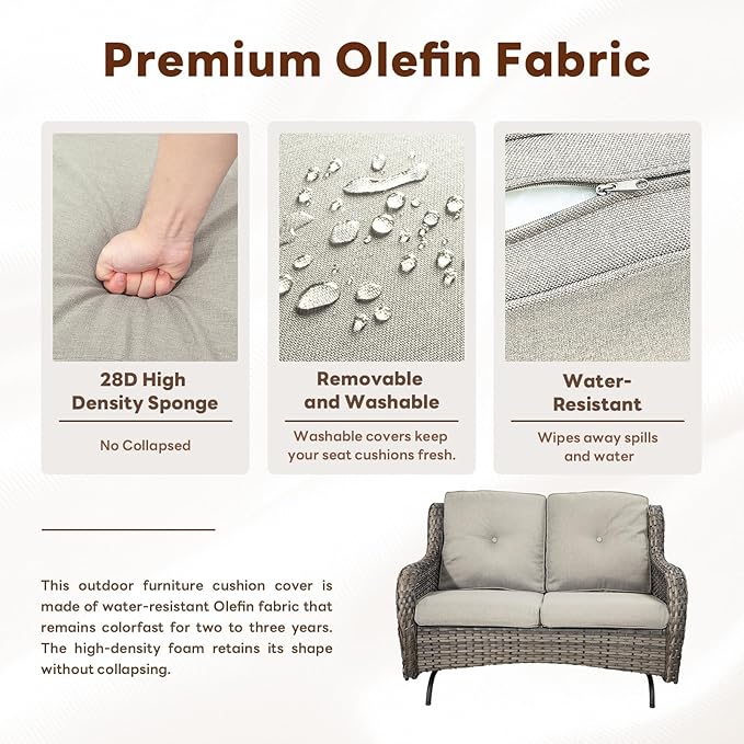 5 Piece Outdoor Patio Furniture Set - Outdoor Conversation Couch and Loveseat Glider Chair Furniture Set with Rattan Coffee Table for Deck Balcony Poolside Gray Wicker/Grey Cushions