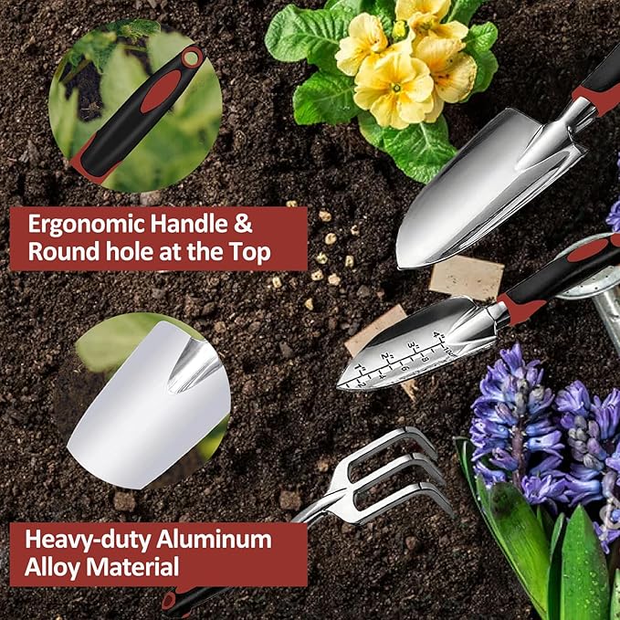 Garden Tool Set, 3 Piece Gardening Tools Includes Garden Trowel, Transplant Trowel and Hand Rake with Non-Slip Ergonomic Handle, Heavy Duty Garden Kit for Planting, Garden Gifts Red