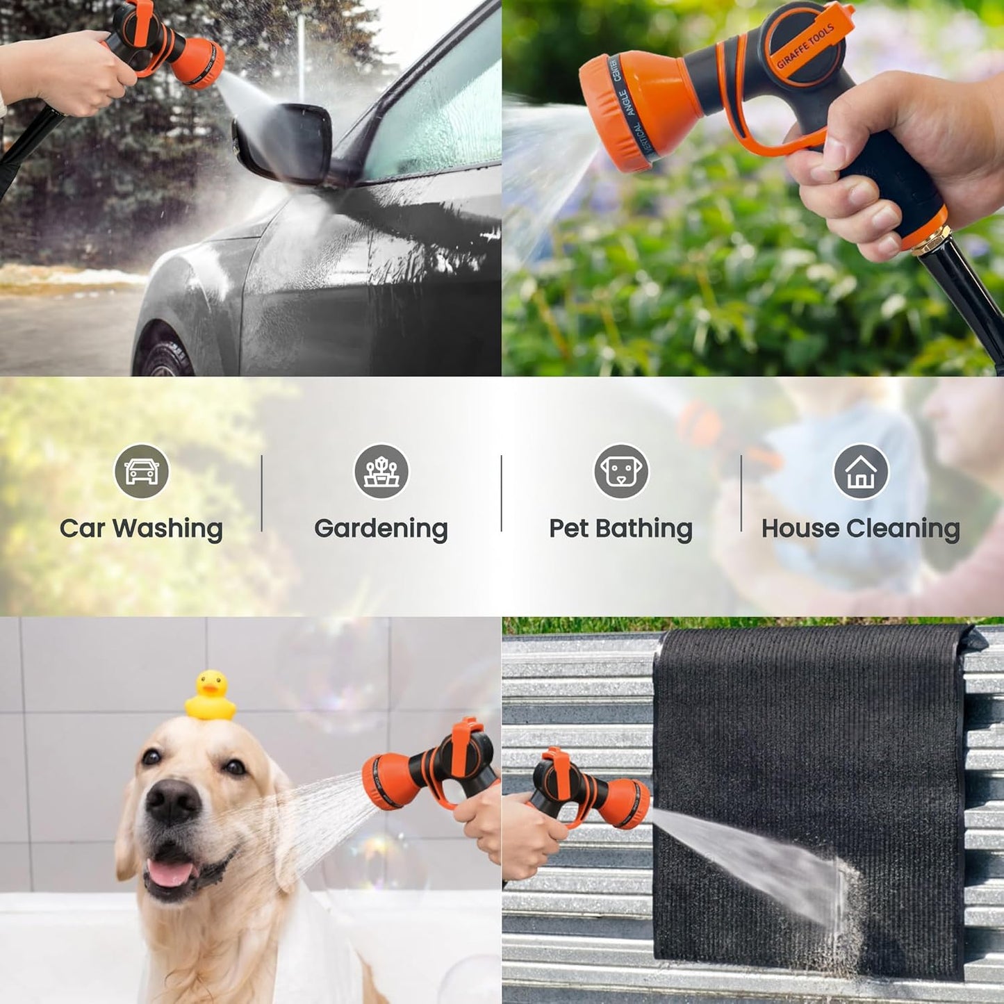 Giraffe Tools Garden Hose 75FT Lightweight Lay Flat Water Hose Kink Free Flexible Hose with 9 Spray Function Nozzle(Black)