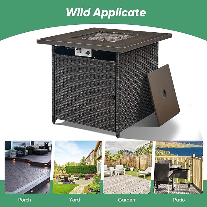 5 Pieces Patio Wicker Furniture Set - 4 Outdoor Swivel Rocker Glider Chairs with 50000BTU Propane Fire Pit Table, Warm Patio Conversation Set Red Cushion Perfect for Casual Gathering