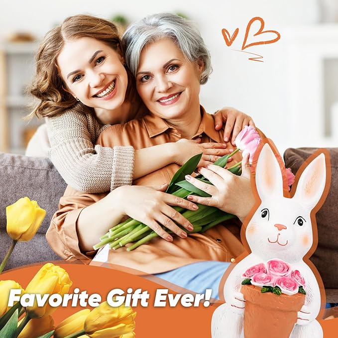 Brightever Solar Powered Outdoor Garden Statues- Rabbit with Flowers and 5 Colorful LED Lights, 11.8IN Outdoor Figurine Lights, Solar Garden Bunny Statue for Easter Decor, Gifts for Mom, Housewarming