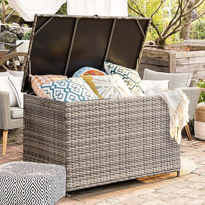 178 Gallon Outdoor Storage Box, Patio Deck Box with 2 Wheels, Handle Large Portable Wicker Rattan Deck Box for Patio Furniture Cushions, Throw Pillows, Garden Tools and Pool Floats (Gray)